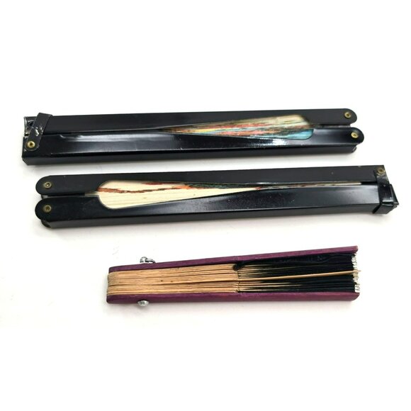 Vintage Asian Paper & Bamboo Hand Fans Set With Bird & Floral Designs je186 - Picture 12 of 12